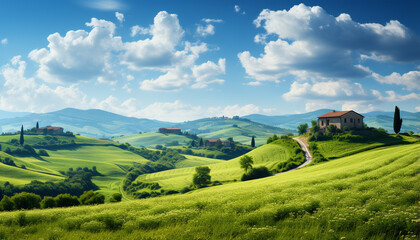 Idyllic Italian countryside  rolling landscapes, vineyards, and rustic farmhouses generated by AI