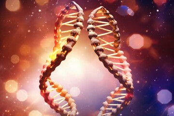 Two intertwined DNA chains on bokeh light background. Generative AI