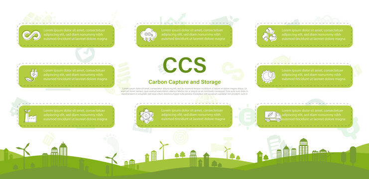 CCS acronym for Carbon Capture Storage words. .The concept Carbon capture Save energy, green energy, reduce carbon footprint, neutral carbon and net zero action. CCS icon on green  background.
