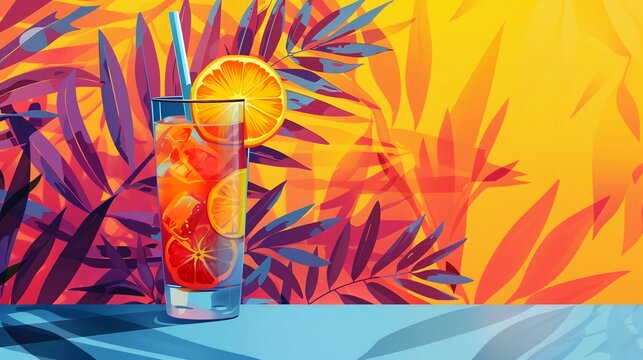 Refreshing Beverage in Tall Glass with Slice of Orange and Straw. Warm Sunny Background with Tropical Leaves. Vibrant Summer Drink Flat Illustration. AI Generated