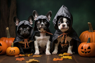 Three french bulldog puppies dogs in halloween costumes with pumpkins and green studio background