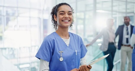 Happy, nurse and medical paperwork in hospital with results or report for insurance. Healthcare, planning and portrait of woman in clinic with documents, folder for doctor or nursing administration - Powered by Adobe