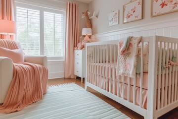 Soft and serene, this indoor nursery boasts a blush palette with plush pink bedding, cozy pillows, and charming furniture, creating the perfect haven for a new bundle of joy