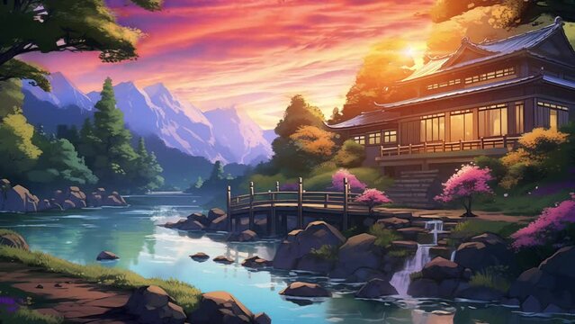Animated illustration of an Asian style house building with a flowing river. 4k loop animation with anime cartoon or digital painting style. Background animation.