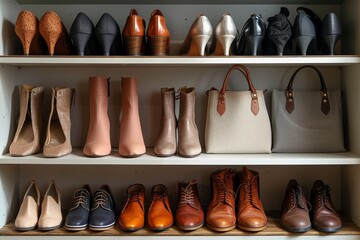 A curated collection of stylish boots and shoes adorns an indoor shelf, showcasing the latest footwear trends and offering organized storage in a chic shoe store setting - obrazy, fototapety, plakaty