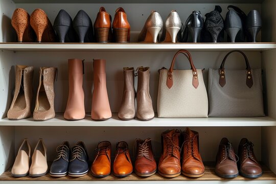 A curated collection of stylish boots and shoes adorns an indoor shelf, showcasing the latest footwear trends and offering organized storage in a chic shoe store setting