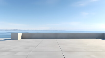 Empty concrete floor, 3D rendering sea view square with clear sky background