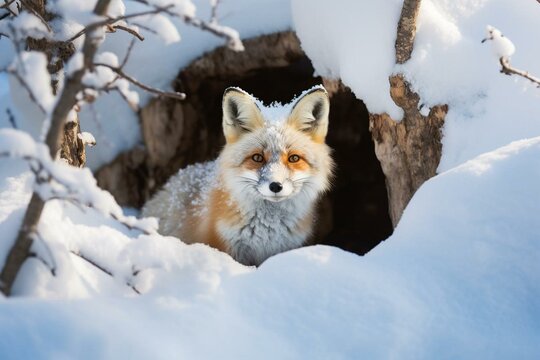 Enchanting image of a fox thriving in a snowy island habitat. Generative AI