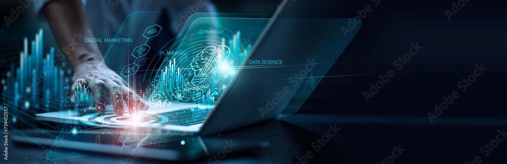 Poster Digital online marketing, Businessman using laptop and analysis data science with business growth on interface, Marketing, Solution, AI, Algorithm, and development contents on global network.