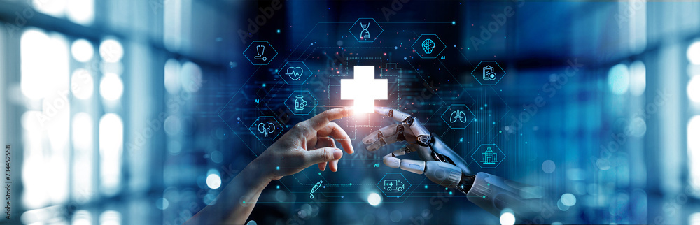Aufkleber medical ai, hands of robot and human touching on medical data network connection, ai robot for diagn