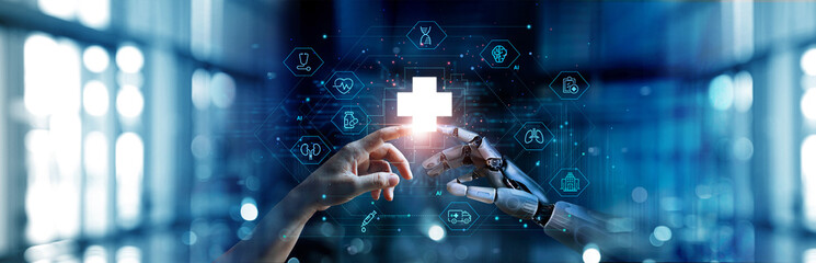Medical Ai, Hands of robot and human touching on medical data network connection, AI robot for diagnosis increasing accuracy patient treatment in future. technology to improve patient health. - obrazy, fototapety, plakaty