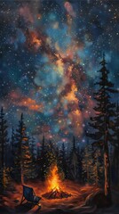 campfire woods star sky city enchanted dreams road tall trees galaxies nebulae milk way orange clouds beautifully