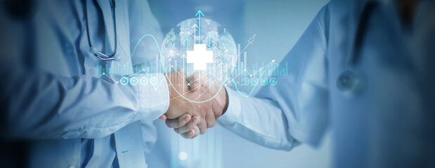 Healthcare business graph growth and Medical Health Insurance, Doctor shaking hands and analysis...