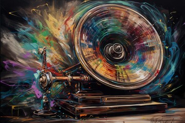 Gramofon abstrakcyjny kolorowy akrylowy malowany obraz generative ai,