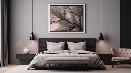Sophisticated Bedroom with Black Headboard and Abstract Wall Art