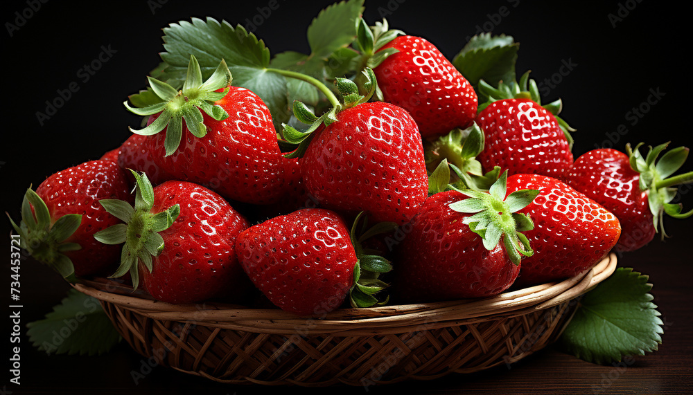 Poster Freshness of ripe strawberry, organic berry fruit on wooden table generated by AI