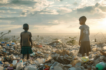 African children stands among plastic waste in a landfill - obrazy, fototapety, plakaty