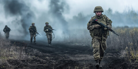 Russian soldiers walking on smoking battlefield