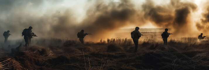 Russian soldiers walking on smoking battlefield - obrazy, fototapety, plakaty