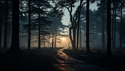Mysterious forest silhouette, dark and spooky, with fog and moonlight generated by AI