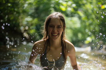 a young woman playfully splashes in a secluded stream, her laughter echoing through the tranquil surroundings. With each splash, droplets catch the dappled sunlight filtering through the trees,
