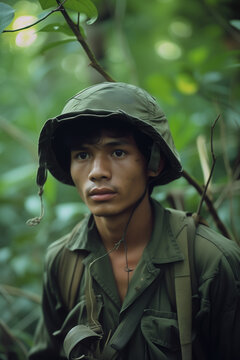 portrait of Vietnamese soldier in Vietnam war - historical combat photography
