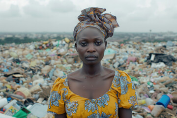 African woman stands among plastic waste in a landfill