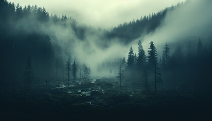 Mysterious fog blankets dark mountain, revealing tranquil beauty generated by AI