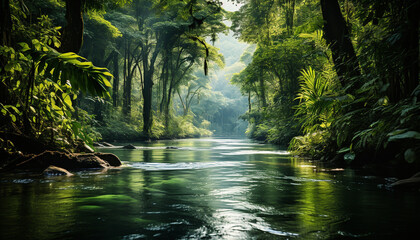 Tranquil scene  green forest, flowing water, reflecting autumn beauty generated by AI