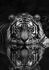 Monochrome Majesty - A Tiger at Rest in Water, Captured in Luminous Black and White Reflections