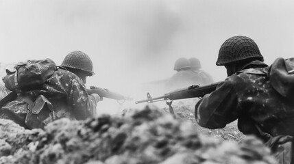 squad of Allied soldiers on world war 2 battlefield - historical combat photography - obrazy, fototapety, plakaty