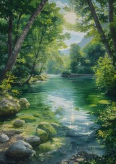 river forest rocks trees green liquid lake sunny day top rated young scroll paradise