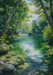 Obraz premium river forest rocks trees green liquid lake sunny day top rated young scroll paradise