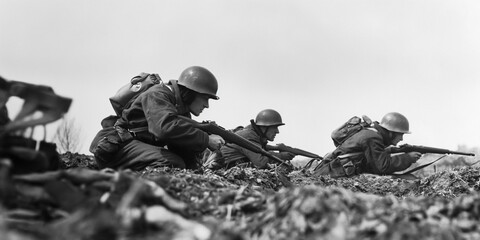 squad of German soldiers on world war 2 battlefield - historical combat photography
