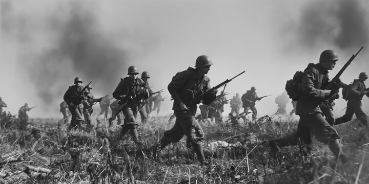 squad of German soldiers on world war 2 battlefield - historical combat photography