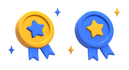 3D rendering of blue yellow champion winner star badge side for UI UX web mobile apps social media ads design