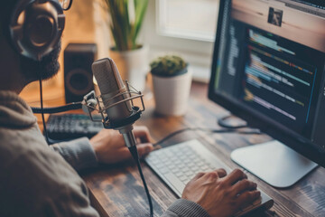 podcaster recording audio podcast with microphone from home studio
