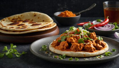 A modern twist on traditional butter chicken by capturing a fusion dish like butter chicken pizza or butter chicken tacos and showcase the innovative combination of flavors and textures that redefine 
