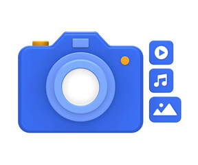 3D rendering of blue yellow multimedia content creation with digital camera photo and music note video for UI UX web mobile apps social media ads design