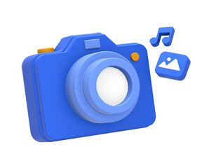 3D rendering of blue yellow multimedia content creation with digital camera photo and music note for UI UX web mobile apps social media ads design