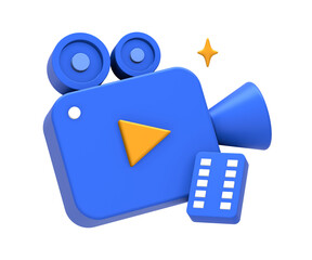 3D rendering of blue yellow multimedia film or movie camera and content creation for UI UX web mobile apps social media ads design