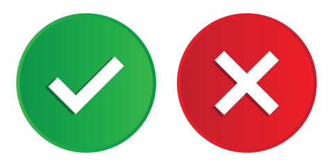green and red tick and cross button, 3d vector symbol on transparent background.