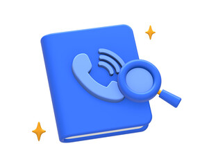 3D rendering of blue yellow phone book contact information with magnifying glass for UI UX web mobile apps social media ads design