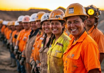 Photorealistic ai artwork of a group of smiling women from diverse backgrounds and cultures working in a mining environment. Genartive ai.