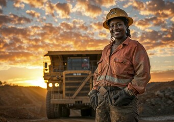 Photorealistic AI artwork of a woman smiling in a mine or mining site environment. Generative ai.