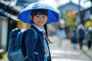 Happy Japanese schoolgirl in uniform goes to school on a sunny day