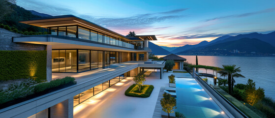 Modern Lakeside Paradise. A Dream Home with Pool, Stunning Sunset Views - obrazy, fototapety, plakaty