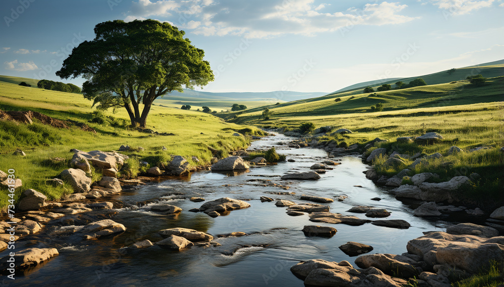 Canvas Prints Tranquil meadow, green forest, flowing water, sunset over mountains generated by AI