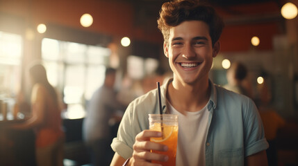 smiling person in a Cafe holding fresh healthy juice in eco friendly Disposable glass and straw - Powered by Adobe