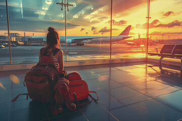 Girl waiting for flight in airport terminal, travel concept, generative ai - obrazy, fototapety, plakaty